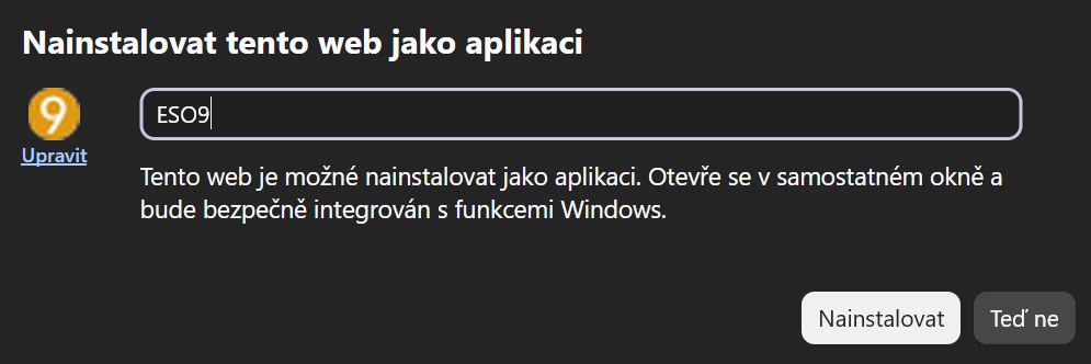 Dialog instalace webu jako aplikace