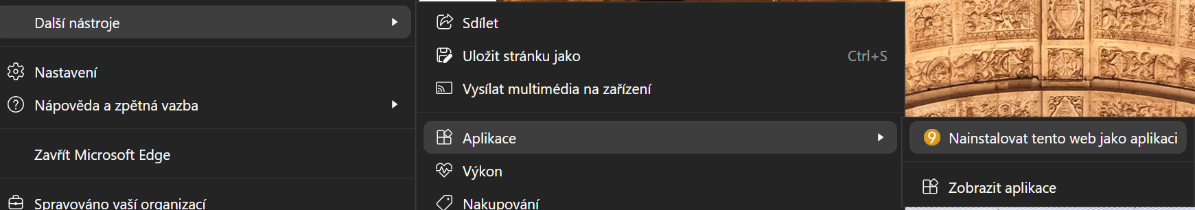 Nabídka Microsoft Edge s volbou instalace webu jako aplikace