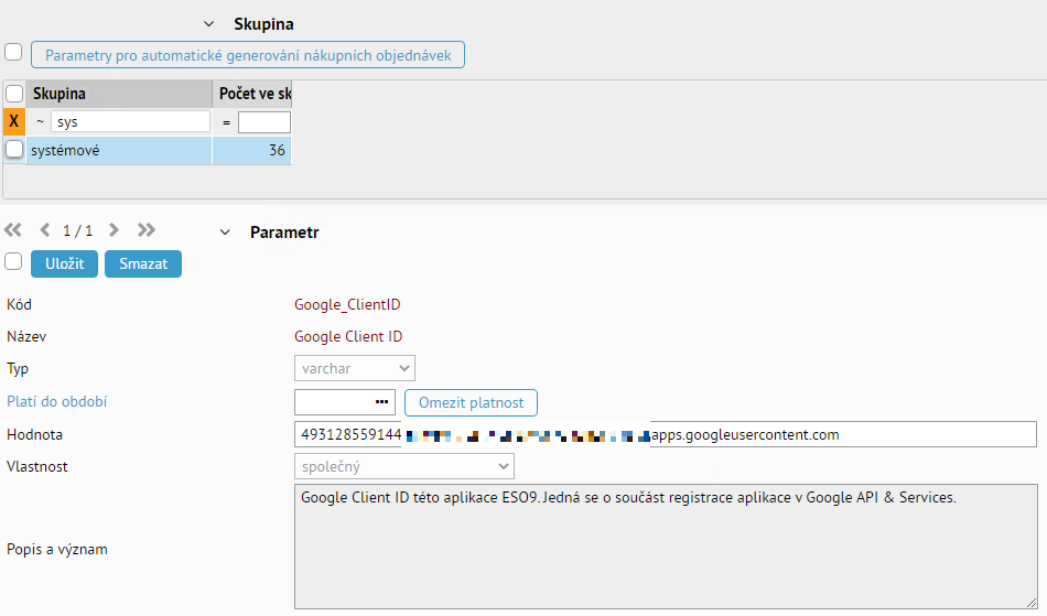 Google Client ID v parametrech ESO9