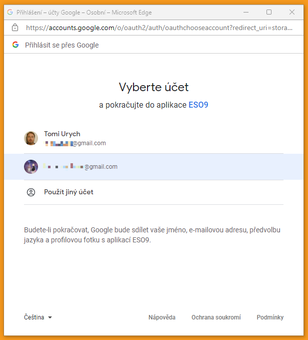 Výběr Google účtu pro přihlášení do ESO9