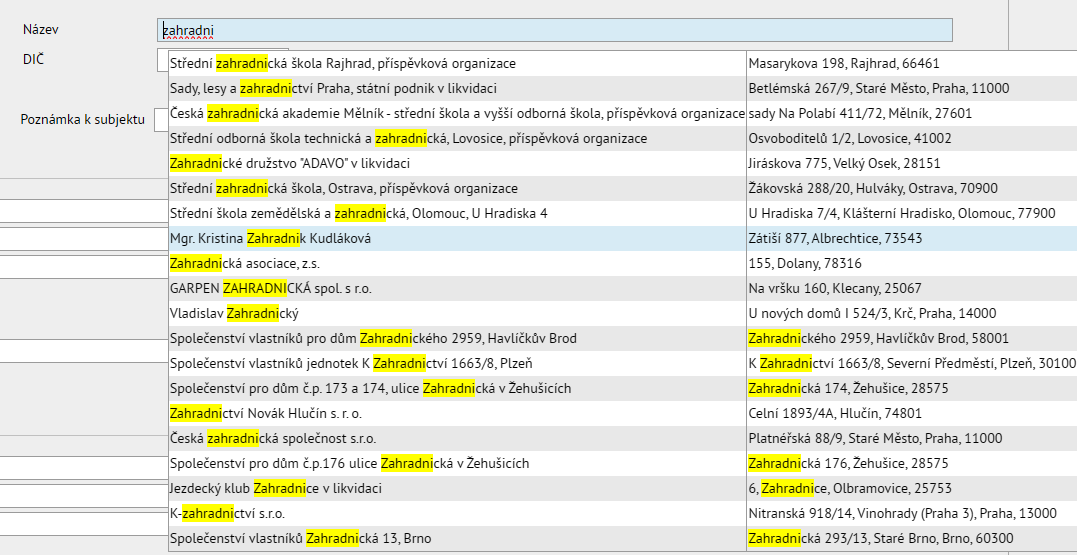 Našeptávač subjektů - procházení