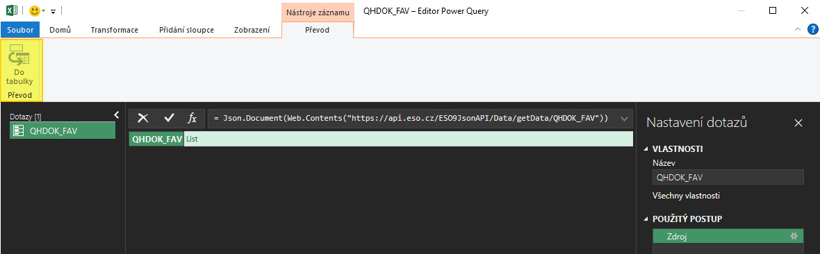 Převod dat do tabulky v Power Query