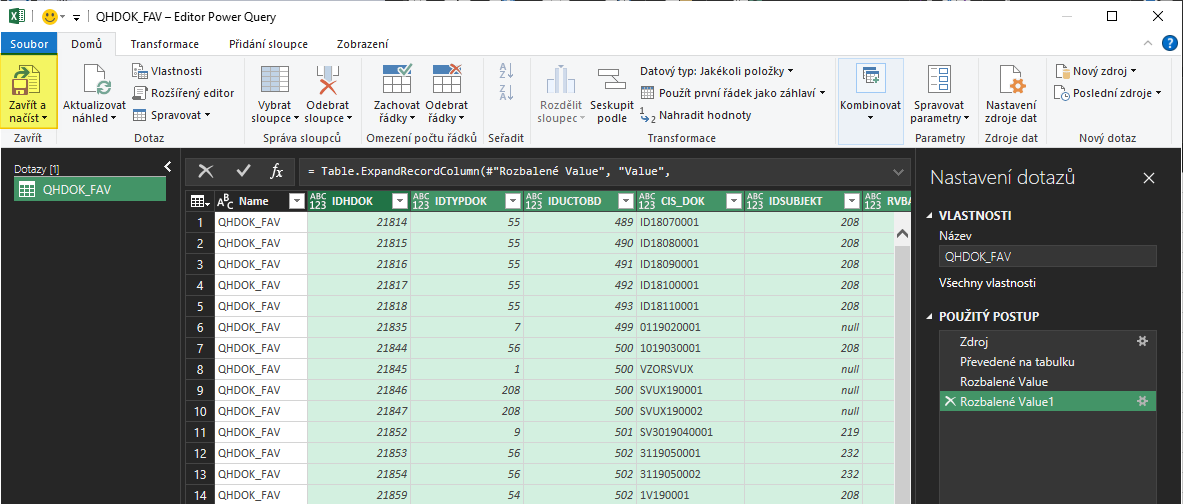 Výsledná tabulková struktura v Power Query