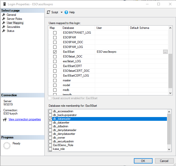 Nastavení role db_datareader pro Windows účet