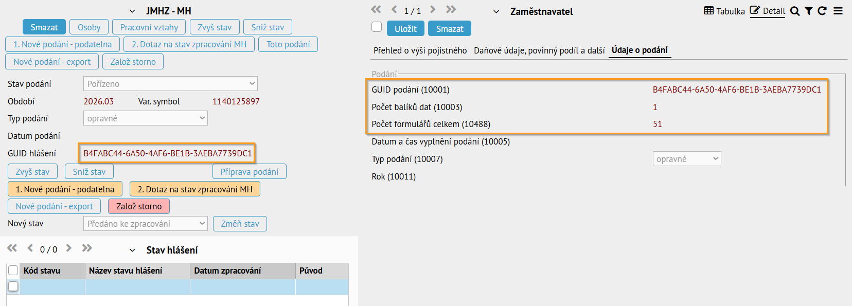 Přidělené GUID hlášení a další informace o hlášení