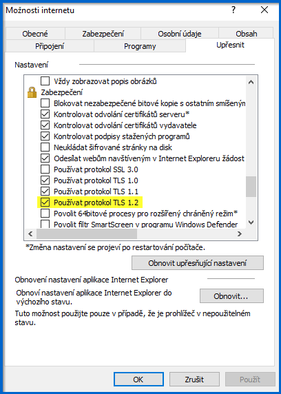 Nastavení protokolu TLS 1.2