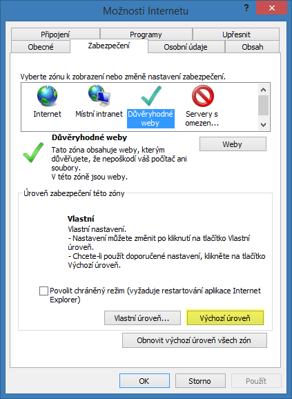 Výchozí úroveň zabezpečení zóny důvěryhodných serverů