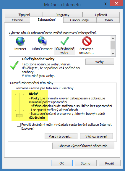 Nastavení úrovně zabezpečení