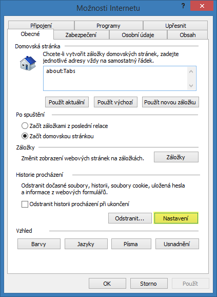 Nastavení dočasných souborů Internetu