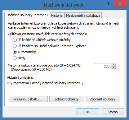 Nastavení dočasných souborů Internetu